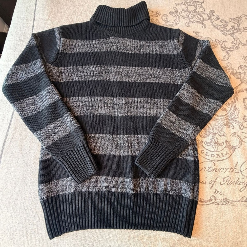 VTG Eddie Bauer Striped Cotton Wool Blend Turtleneck Sweater Black Gray Large